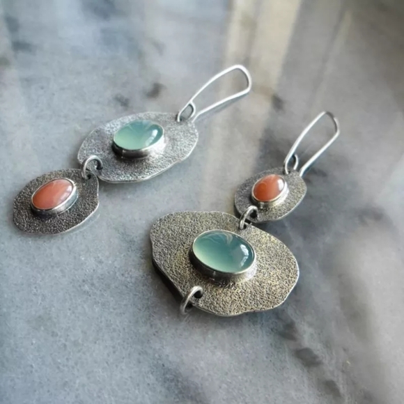 Geo Vintage Silver Metal Earrings Bohemian Dangle Ethnic Tribal - Picture 3 of 3